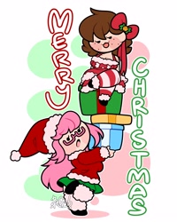 Size: 2400x3000 | Tagged: safe, artist:befishproductions, oc, oc only, oc:befish, oc:fluffle puff, human, bow, breasts, christmas, christmas outfit, cleavage, clothes, duo, duo female, female, freckles, hair bow, hat, holiday, humanized, humanized oc, leg warmers, merry christmas, present, santa hat, simple background, skirt, white background
