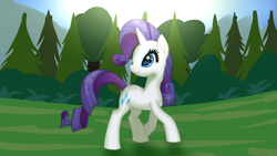 Size: 1920x1080 | Tagged: safe, artist:platinumdrop, rarity, pony, unicorn, g4, female, full body, grass, grass field, looking back, mare, solo, tree, walking
