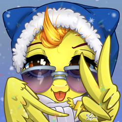 Size: 1748x1748 | Tagged: safe, artist:lailyren, spitfire, pegasus, pony, g4, :p, bust, clothes, cute, cutefire, female, hat, looking at you, mare, portrait, scarf, smiling, smiling at you, snow, snowfall, solo, sunglasses, tongue out, wing hands, wingding eyes, wings, winter hat
