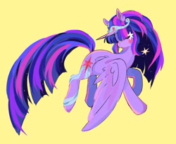 Size: 1797x1477 | Tagged: safe, artist:cloverquil, twilight sparkle, alicorn, pony, g4, blush sticker, blushing, eyes closed, female, jewelry, long mane, long tail, mare, simple background, solo, starry mane, tail, tiara, twilight sparkle (alicorn), wings, wings down, yellow background