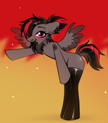Size: 1085x1241 | Tagged: safe, artist:rtootb, oc, oc only, oc:era, pegasus, pony, semi-anthro, bipedal, black mane, butt, clothes, cute, ear fluff, ear piercing, earring, eyebrow piercing, female, jewelry, looking at you, mare, open mouth, pegasus oc, piercing, plot, ponytail, red eyes, solo, spread wings, standing, stockings, tattoo, thigh highs, wings
