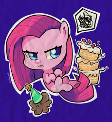 Size: 1250x1357 | Tagged: safe, artist:talimingi, pinkie pie, sir lintsalot, earth pony, pony, g4, party of one, cake, chibi, cute, diapinkes, female, food, frown, furrowed brow, grumpy, mare, outline, pictogram, pinkamena diane pie, solo, white outline
