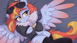 Size: 1920x1080 | Tagged: safe, artist:skysorbett, oc, oc only, oc:wind east, pegasus, bedroom eyes, bomber jacket, clothes, hooves, jacket, looking at you, lying down, smiling, smiling at you, socks, solo, spread wings, sunglasses, uniform, wings, wonderbolts uniform