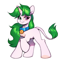 Size: 2400x2400 | Tagged: safe, artist:sugarstar, oc, oc only, oc:sugarstar, pony, unicorn, 2024 community collab, derpibooru community collaboration, bell, bell collar, collar, fangs, heterochromia, horn, leonine tail, simple background, solo, tail, transparent background