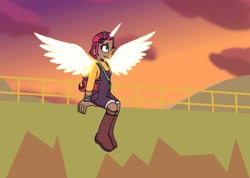 Size: 1200x852 | Tagged: safe, alternate version, artist:artist_179, sunny starscout, alicorn, human, g5, dark skin, horn, horned humanization, humanized, race swap, sunnycorn, winged humanization, wings