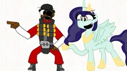 Size: 705x395 | Tagged: safe, artist:princessmoonlove, oc, oc:princess moonlove, alicorn, human, pony, alicorn oc, crossover, demoman, demoman (tf2), female, horn, male, mare, team fortress 2, wings