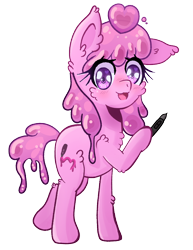 Size: 1700x2200 | Tagged: safe, artist:bubblegooey, derpibooru exclusive, oc, oc only, oc:bubblegooey, goo, goo pony, original species, pony, 2024 community collab, derpibooru community collaboration, chest fluff, cute, ear fluff, female, fluffy, heart, heart eyes, looking at you, one ear down, open mouth, open smile, pen, pink coat, pink mane, purple eyes, raised hoof, raised leg, shiny mane, simple background, slime, smiling, smiling at you, solo, sparkly eyes, standing, tablet pen, transparent background, wingding eyes