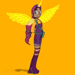 Size: 1200x1200 | Tagged: safe, alternate version, artist:artist_179, sunny starscout, alicorn, human, g5, artificial horn, artificial wings, augmented, dark skin, horn, humanized, looking at you, magic, magic horn, magic wings, orange background, race swap, simple background, solo, sunnycorn, wings
