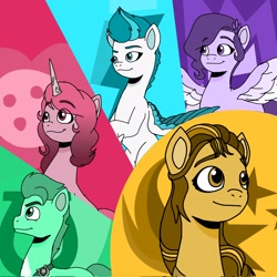 Size: 2048x2048 | Tagged: safe, artist:artist_179, hitch trailblazer, izzy moonbow, pipp petals, sunny starscout, zipp storm, earth pony, pegasus, pony, unicorn, g5, colored wings, diadem, eye clipping through hair, eyebrows, eyebrows visible through hair, female, group, high res, jewelry, male, mane five, mare, multicolored wings, quintet, regalia, smiling, spread wings, stallion, wings