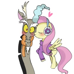 Size: 1488x1488 | Tagged: safe, artist:m09160, discord, fluttershy, draconequus, pegasus, g4, antlers, blushing, cheek kiss, clothes, earmuffs, female, heart, horn, kissing, male, scarf, ship:discoshy, shipping, simple background, spread wings, straight, white background, wings, winter outfit