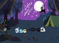 Size: 3448x2510 | Tagged: safe, artist:nova star, deer, pony, g4, art, bags, camp, camping, forest, moon, nature, night, paper, project, sky, stars, tent, tree