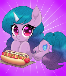 Size: 2893x3300 | Tagged: safe, artist:horsesrnaked, izzy moonbow, pony, unicorn, g5, anime eyes, blue mane, curly mane, curly tail, cute, food, glizzy, gradient background, hot dog, hot dog and bun, izzybetes, looking at you, lying down, meat, napkin, purple eyes, sausage, solo, tail