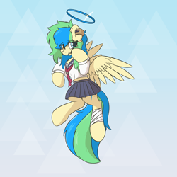 Size: 3500x3500 | Tagged: safe, artist:hcl, oc, oc only, oc:hcl, pegasus, pony, blue archive, clothes, gradient background, heterochromia, midriff, sailor uniform, solo, uniform