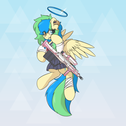 Size: 3500x3500 | Tagged: safe, alternate version, artist:hcl, oc, oc only, oc:hcl, pegasus, pony, blue archive, clothes, gradient background, gun, heterochromia, sailor uniform, solo, uniform, weapon