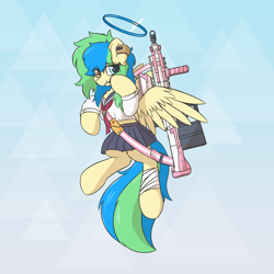 Size: 3500x3500 | Tagged: safe, alternate version, artist:hcl, oc, oc only, oc:hcl, pegasus, pony, blue archive, clothes, gradient background, gun, heterochromia, midriff, sailor uniform, solo, uniform, weapon