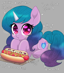 Size: 2893x3300 | Tagged: safe, artist:horsesrnaked, izzy moonbow, pony, unicorn, g5, anime eyes, arrow, blue mane, curly mane, curly tail, cute, food, glizzy, guide, hot dog, hot dog and bun, izzybetes, meat, napkin, purple eyes, sausage, solo, tail, text
