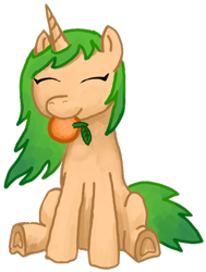 Size: 1040x1374 | Tagged: safe, artist:eggmusubi, derpibooru exclusive, oc, oc only, oc:mikan melody, pony, unicorn, 2024 community collab, derpibooru community collaboration, eyes closed, female, food, mare, orange, simple background, sitting, solo, transparent background