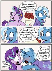 Size: 2081x2833 | Tagged: safe, artist:icey, starlight glimmer, trixie, pony, unicorn, g4, blushing, bouquet, bouquet of flowers, chest fluff, comic, dialogue, ear fluff, eye clipping through hair, female, floppy ears, flower, implied shipping, lesbian, levitation, magic, mare, misspelling, nervous, nervous smile, one eye closed, rose, scrunchy face, ship:startrix, shipping, smiling, telekinesis, trixie is not amused, unamused, wink, yelling