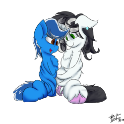 Size: 2048x2048 | Tagged: safe, artist:dianetgx, oc, oc only, oc:mobius, oc:silvia cascadia, hippogriff, pegasus, 2024 community collab, derpibooru community collaboration, chest fluff, cloven hooves, couple, duo, ear piercing, earring, jewelry, piercing, simple background, sitting, smiling, transparent background