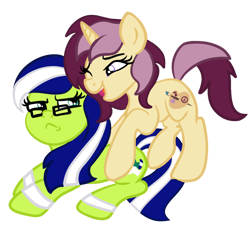 Size: 2086x1882 | Tagged: safe, artist:sjart117, oc, oc only, oc:lannie lona, oc:miles bright, earth pony, pony, unicorn, 2024 community collab, derpibooru community collaboration, annoyed, duo, female, frown, glasses, mare, simple background, transparent background