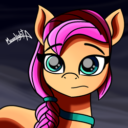 Size: 1000x1000 | Tagged: safe, artist:moonlightatlm, sunny starscout, earth pony, pony, g5, abstract background, braid, eyebrows, eyebrows visible through hair