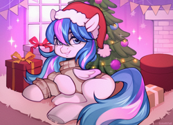 Size: 3605x2617 | Tagged: safe, artist:sugarstar, oc, oc only, pegasus, pony, carpet, christmas, christmas lights, christmas tree, clothes, cute, fireplace, hat, holiday, looking at you, lying down, present, santa hat, smiling, solo, sparkles, sweater, tree, window