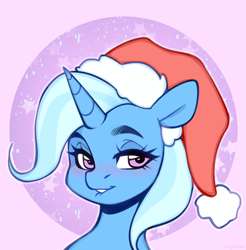 Size: 3438x3500 | Tagged: safe, artist:sugarstar, trixie, pony, unicorn, g4, blushing, christmas, cute, female, hat, high res, holiday, icon, lip bite, looking at you, mare, santa hat, solo