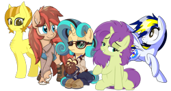 Size: 3100x1650 | Tagged: safe, artist:devfield, artist:just rusya, artist:litrojia, artist:notadeliciouspotato, artist:pirill, oc, oc only, oc:cottonwood kindle, oc:fidget, oc:golden star, oc:huracata, oc:sky spark, earth pony, pegasus, pony, unicorn, 2024 community collab, derpibooru community collaboration, apron, clothes, collaboration, drive, female, glasses, group, group photo, lidded eyes, looking at you, male, mare, raised hoof, shirt, shoes, simple background, sitting, smiling, spread wings, stallion, transparent background, wings