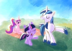 Size: 1414x1006 | Tagged: safe, artist:tttthunderbolt, princess cadance, shining armor, twilight sparkle, alicorn, pony, unicorn, g4, blue sky, brother and sister, colt, colt shining armor, cute, cutedance, eyes closed, female, filly, filly cadance, filly twilight sparkle, foal, grass, male, open mouth, open smile, picnic, picnic blanket, shining adorable, siblings, singing, smiling, sparkle siblings, teen princess cadance, teenage shining armor, trio, twiabetes, younger