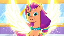 Size: 3072x1727 | Tagged: safe, screencap, sunny starscout, alicorn, pony, g5, icy prints, my little pony: tell your tale, spoiler:g5, spoiler:my little pony: tell your tale, spoiler:tyts02e01, crystal brighthouse, female, looking at you, mare, race swap, smiling, smiling at you, solo, spread wings, sunnycorn, wings