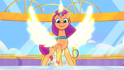 Size: 3072x1727 | Tagged: safe, screencap, sunny starscout, alicorn, pony, g5, icy prints, my little pony: tell your tale, spoiler:g5, spoiler:my little pony: tell your tale, spoiler:tyts02e01, artificial wings, augmented, beautiful, concave belly, crystal brighthouse, female, glowing, glowing horn, glowing wings, horn, indoors, looking at you, magic, magic wings, mare, maretime bay, race swap, raised hoof, slender, smiling, solo, spread wings, sunny's bag, sunnycorn, thin, unshorn fetlocks, wings
