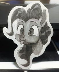 Size: 1440x1758 | Tagged: safe, artist:tttthunderbolt, pinkie pie, earth pony, pony, g4, bust, grayscale, monochrome, photo, portrait, silly, silly pony, solo, tongue out, traditional art