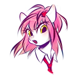 Size: 1000x1000 | Tagged: safe, artist:tttthunderbolt, pony, g4, amu hinamori, anime, bust, clothes, necktie, pink hair, portrait, shugo chara, simple background, solo, white background, white coat, yellow eyes