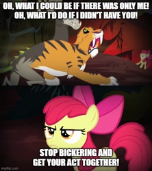 Size: 500x562 | Tagged: safe, anonymous artist, edit, edited screencap, screencap, apple bloom, chimera sisters, chimera, earth pony, pony, g4, somepony to watch over me, annoyed, apple bloom is not amused, apple bloom's bow, bow, female, filly, foal, hair bow, if i didn't have you, meme, multiple heads, parody, quest for camelot, reference in the description, scene parody, singing, song in the description, song reference, three heads, unamused