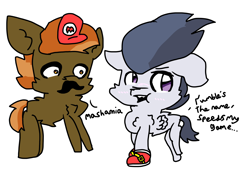 Size: 2000x1500 | Tagged: safe, artist:sweetsterty, button mash, rumble, earth pony, pegasus, pony, g4, cap, cheek fluff, chest fluff, clothes, colt, cosplay, costume, facial hair, foal, gay, hat, male, mario's hat, moustache, ship:rumblemash, shipping, shoes, simple background, sonic the hedgehog (series), super mario bros., white background
