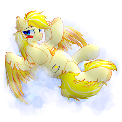 Size: 1500x1500 | Tagged: safe, artist:shozo_fox, oc, oc only, oc:ohzuya, pegasus, pony, 2024 community collab, derpibooru community collaboration, blue eyes, cheese, cloud, flag, indonesia, indonesian, looking at you, male, on a cloud, simple background, sitting, sitting on a cloud, solo, stallion, trace, transparent background, yellow mane