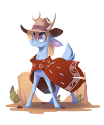 Size: 2340x2812 | Tagged: safe, artist:28gooddays, oc, oc only, oc:wicker wind, deer, deer pony, hybrid, original species, clothes, cloven hooves, cowboy hat, deer oc, hat, horn, minimalist, non-pony oc, poncho, simple background, tail, white background