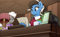 Size: 6950x4380 | Tagged: safe, artist:singovih, oc, oc only, oc:flint gray, oc:heaven waterfall, earth pony, pony, fallout equestria, armchair, chair, closet, clothes, fallout, fallout equestria: parallelism, fanfic art, female, lamp, male, mare, mug, paper, pipbuck, room, stallion, steam, table, terminal