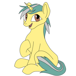 Size: 2560x2560 | Tagged: safe, artist:adopon, derpibooru exclusive, oc, oc only, oc:item, pony, unicorn, 2024 community collab, derpibooru community collaboration, colored, digital art, hoof on chest, horn, krita, looking at you, male, open mouth, png, simple background, sitting, solo, stallion, transparent background