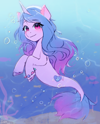 Size: 1965x2448 | Tagged: safe, artist:xiaowu07, izzy moonbow, fish, seapony (g4), unicorn, g5, blushing, bracelet, bubble, coral, crepuscular rays, cute, eye clipping through hair, eyebrows, eyebrows visible through hair, female, fish tail, flowing mane, flowing tail, horn, izzybetes, jewelry, looking at you, mare, ocean, seaponified, seapony izzy moonbow, signature, smiling, smiling at you, solo, species swap, sunlight, swimming, tail, underwater, water