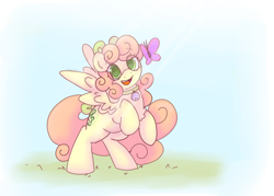 Size: 2800x2000 | Tagged: safe, artist:puppie, oc, oc:soft sonance, butterfly, pegasus, cute, simple background, solo
