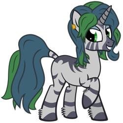 Size: 1406x1406 | Tagged: safe, artist:the smiling pony, oc, oc only, oc:forest glade, hybrid, pony, zebra, zebracorn, zony, 2024 community collab, derpibooru community collaboration, g4, .svg available, ear piercing, earring, eyeshadow, hoof fluff, horn, hybrid oc, jewelry, looking at you, makeup, piercing, simple background, solo, svg, transparent background, vector