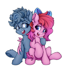 Size: 1300x1456 | Tagged: safe, artist:zeepheru_pone, oc, oc only, oc:kaf, oc:zeph, pegasus, pony, 2024 community collab, derpibooru community collaboration, bow, duo, female, glasses, hair bow, hug, looking at each other, looking at someone, male, mare, simple background, stallion, transparent background