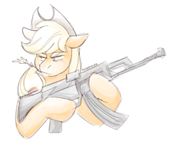 Size: 1478x1222 | Tagged: safe, artist:pigeorgien, applejack, earth pony, g4, applejack's hat, colored sketch, cowboy hat, female, gun, hat, mare, serious, serious face, simple background, sketch, solo, weapon, white background