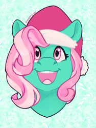 Size: 1536x2048 | Tagged: safe, artist:pigeorgien, minty, earth pony, g3, christmas, female, happy, hat, holiday, mare, santa hat, smiling, solo