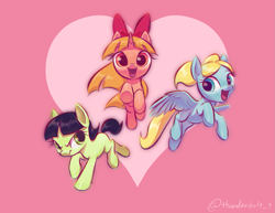Size: 1227x946 | Tagged: safe, artist:tttthunderbolt, earth pony, pegasus, pony, unicorn, blossom (powerpuff girls), bubbles (powerpuff girls), buttercup (powerpuff girls), cartoon network, female, filly, foal, heart, heart background, open mouth, open smile, ponified, smiling, the powerpuff girls, trio