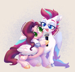 Size: 2061x1977 | Tagged: safe, artist:bishopony, idw, pipp petals, zipp storm, pegasus, pony, g5, blush scribble, blushing, colored pupils, female, hoof around neck, hoof hold, lidded eyes, looking at each other, looking at someone, magnetic hooves, mare, microphone, open mouth, open smile, redraw, royal sisters (g5), siblings, signature, sisters, smiling, smiling at each other