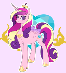 Size: 1972x2165 | Tagged: safe, artist:frowoppy, princess cadance, alicorn, pony, unicorn, g4, crown, female, jewelry, mare, no pupils, pink background, regalia, simple background, solo, wings