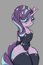 Size: 1358x2048 | Tagged: safe, artist:mare_enjoyer, starlight glimmer, pony, unicorn, semi-anthro, g4, clothes, gloves, latex, latex gloves, latex socks, latex suit, leotard, socks, solo, thigh highs, wide hips