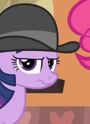 Size: 310x428 | Tagged: safe, edit, edited screencap, screencap, pinkie pie, twilight sparkle, earth pony, pony, unicorn, g4, mmmystery on the friendship express, season 2, annoyed, bowler hat, cropped, hat, heart, solo focus, twilight sparkle is best facemaker, twilight sparkle is not amused, unamused, unicorn twilight